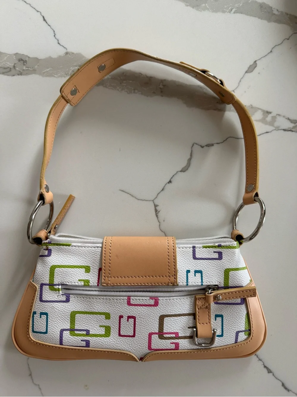 Vintage Guess Multicolor Monogram Shoulder Bag Y2K Logo Print Baguette